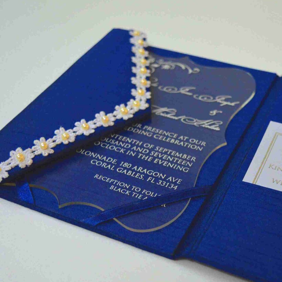 Navy Blue Silk Wedding Invitation Folio with Clear Acrylic Invite