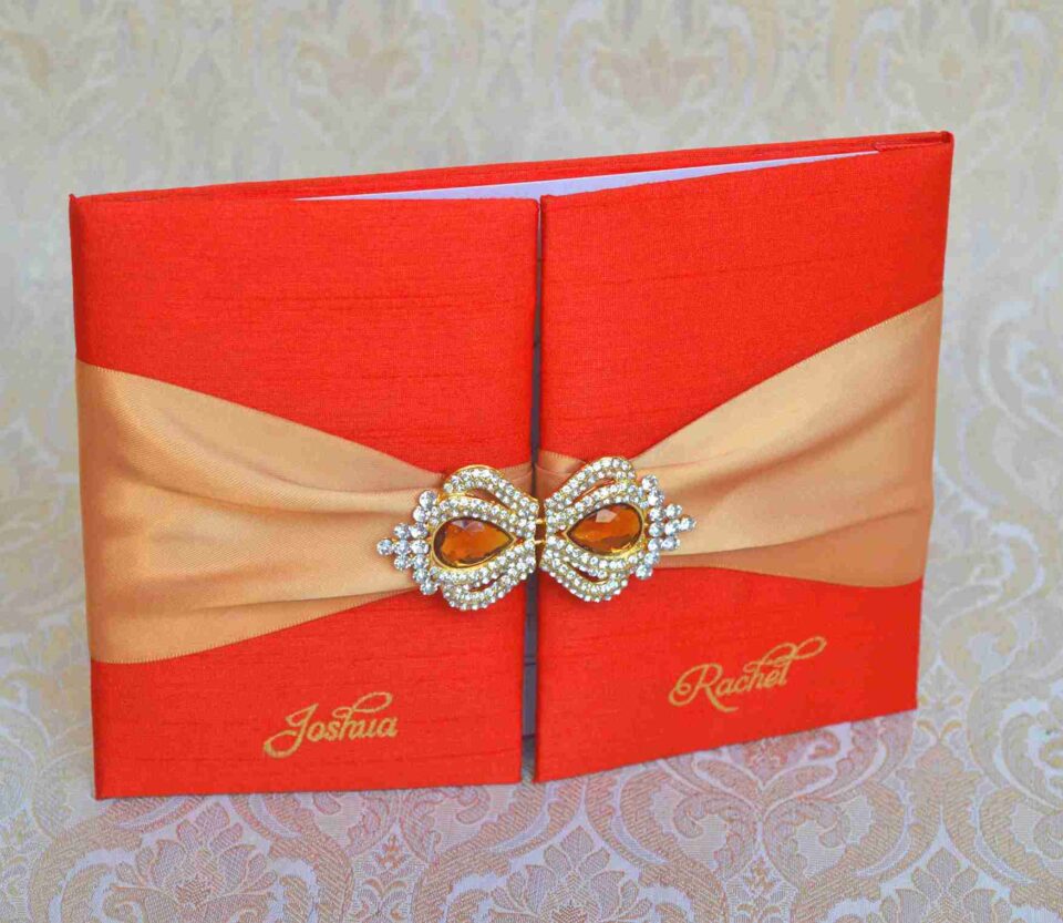 Embellished Silk Wedding Invitation Folio with Crystal Rhinestone Brooch