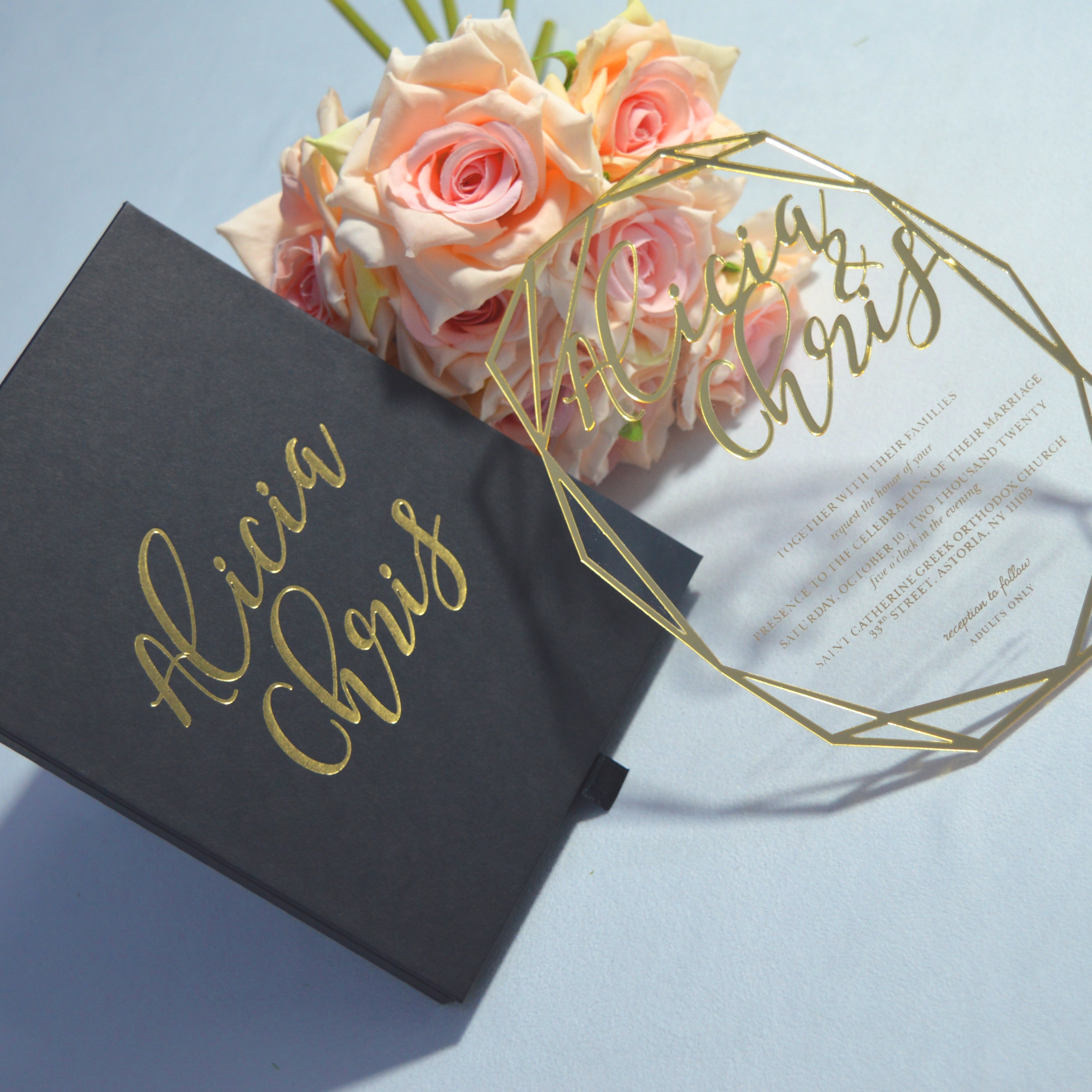 Black Wedding Invitation Box With Gold Foil Monogram & Acrylic Invite