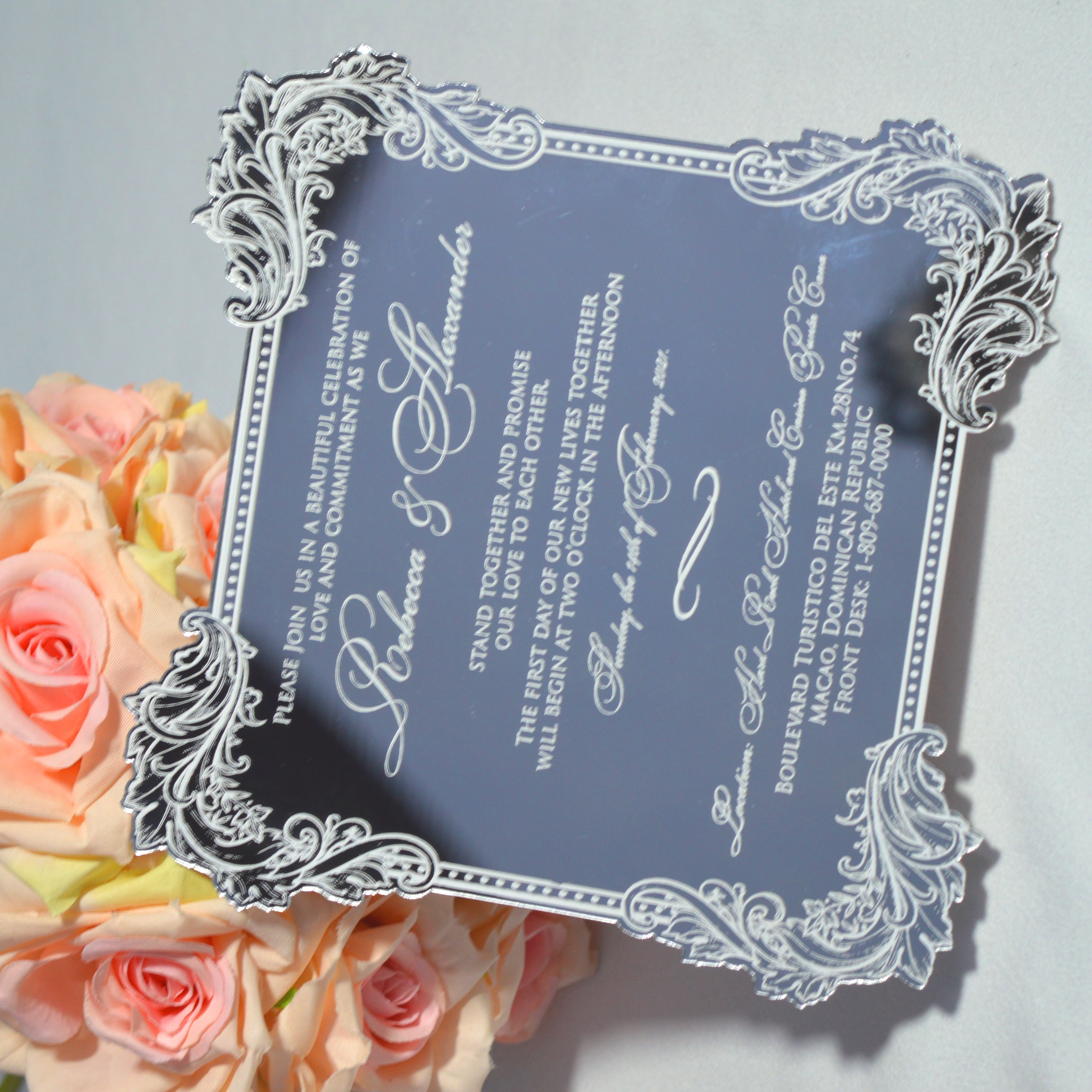 Silver Mirror Acrylic Invitation With Floral Laser-Cut Design