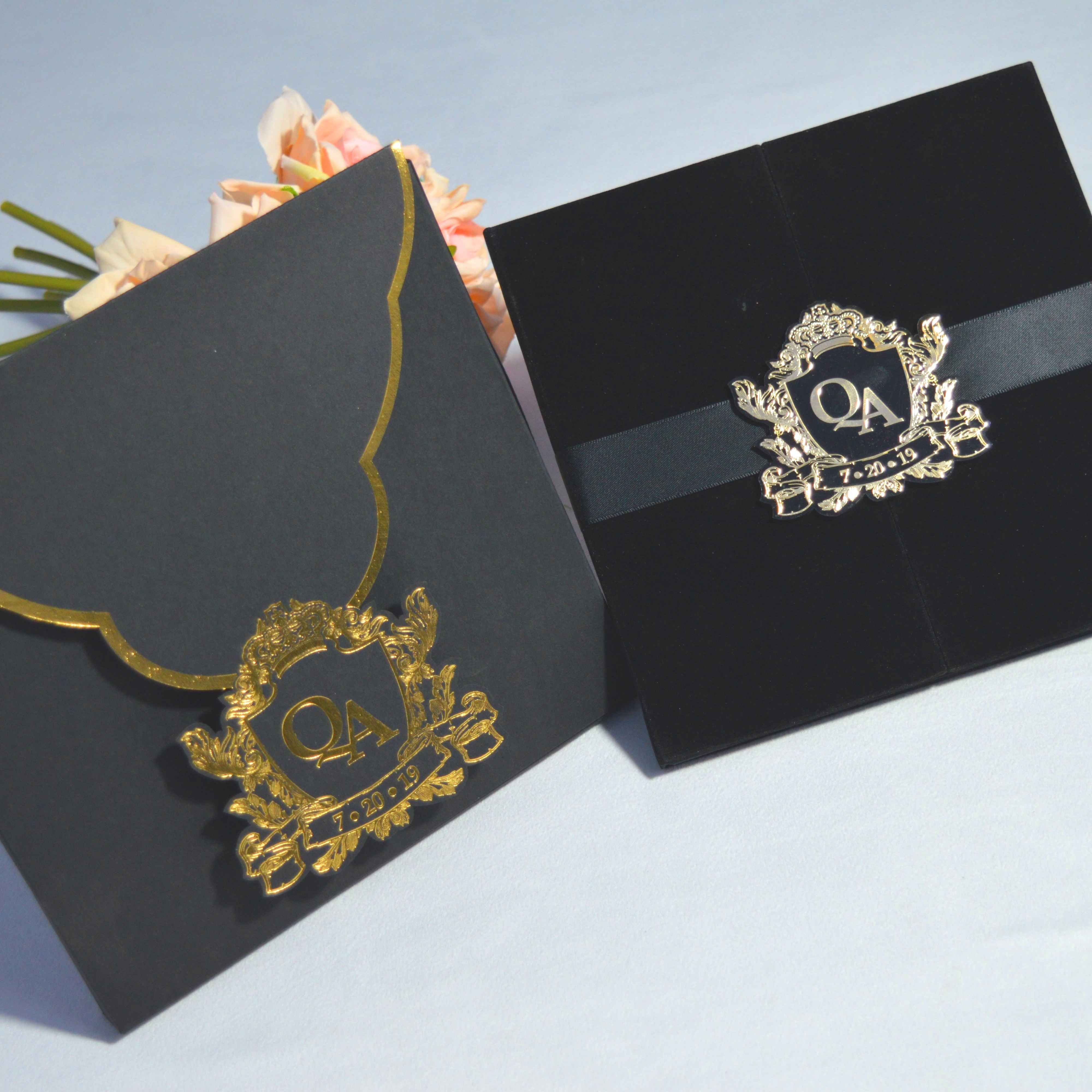 Black Velvet Wedding Invitation Folio: Personalized Monogram