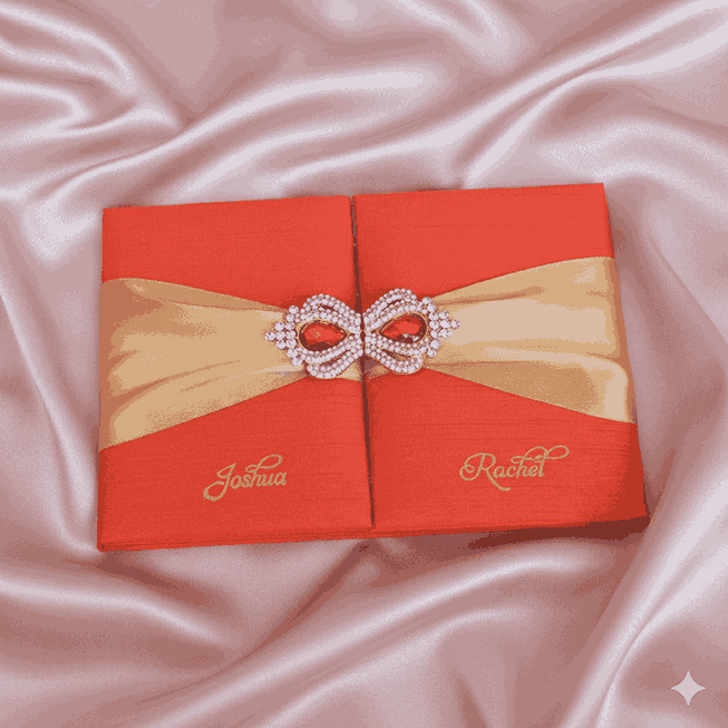 Embellished Silk Wedding Invitation Folio with Crystal Rhinestone Brooch