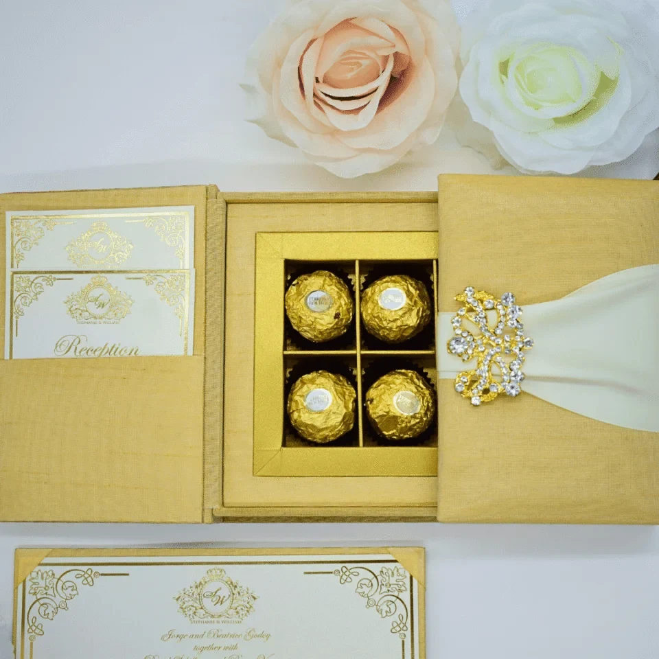 Elegant Silk Wedding Invitation Box: Boxed Invite with Chocolate Tray