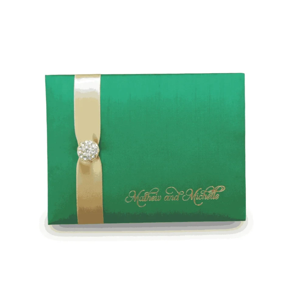 Embellished Green Silk Wedding Invitation Folio