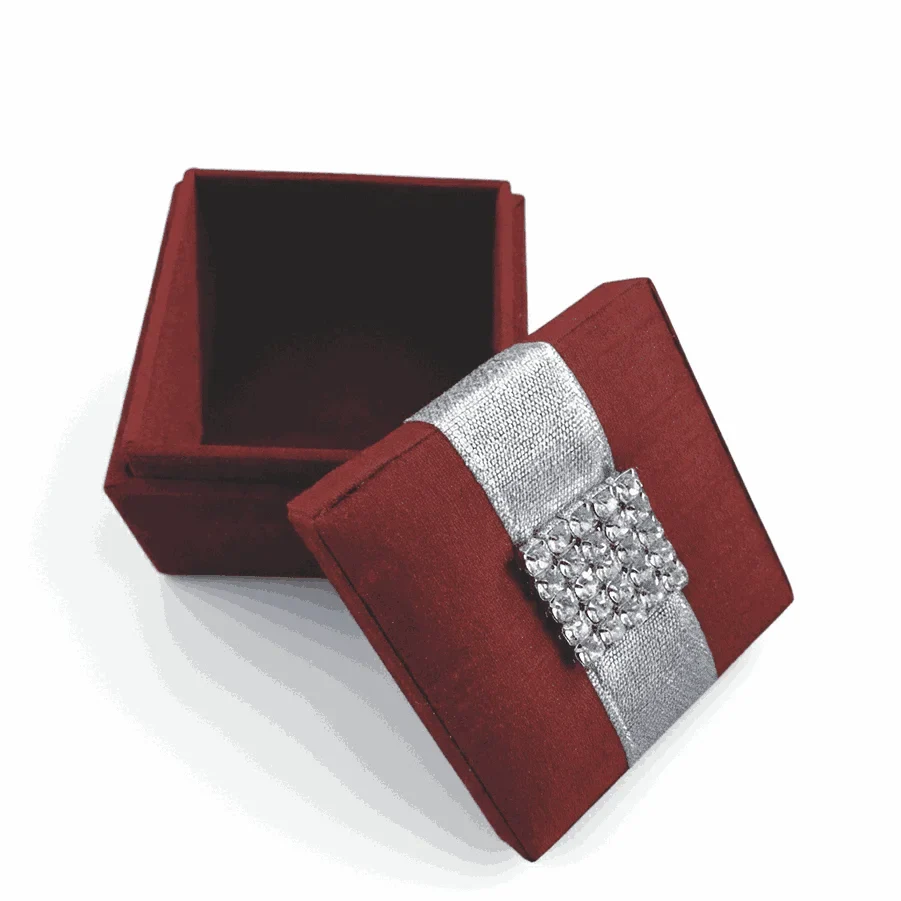 Embellished Maroon Silk Wedding Favor Box with Crystal Rhinestone Brooch