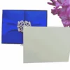A rectangular, royal blue silk gatefold invitation box centered on a white background. A wide, matching blue satin ribbon wraps horizontally around the box, gathered in the center by a large, ornate silver brooch with a complex, lace-like filigree design. To the right of the box, a cluster of vibrant pink gladiolus flowers adds a pop of contrasting color. The flat lay composition is brightly lit, emphasizing the smooth sheen of the satin and the rich texture of the silk fabric.