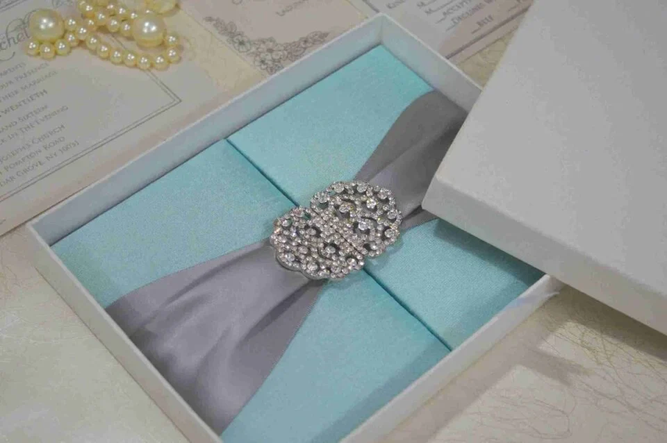 Embellished Silk Wedding Invitation Folio with Crystal Brooch (1)
