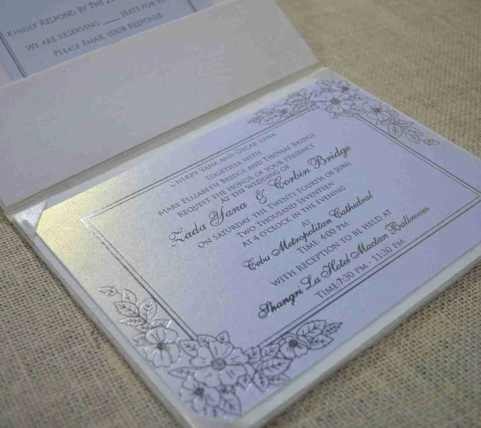 Embellished White Silk Wedding Invitation Folio with Pearl Brooch (2)