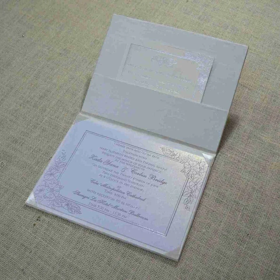 Embellished White Silk Wedding Invitation Folio with Pearl Brooch (3)