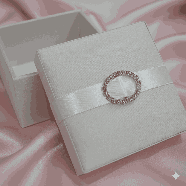 White Silk Wedding Favor Box with Satin Ribbon & Crystal Brooch