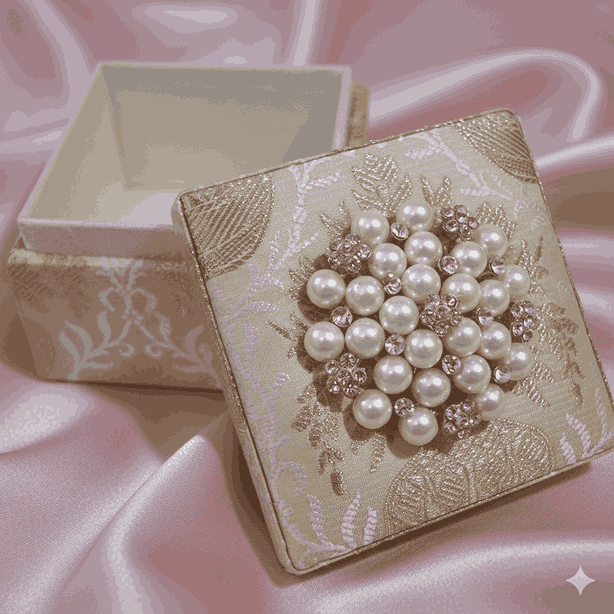 Brocade Gold Silk Wedding Party Favor Box: Pearl Brooch Embellishment