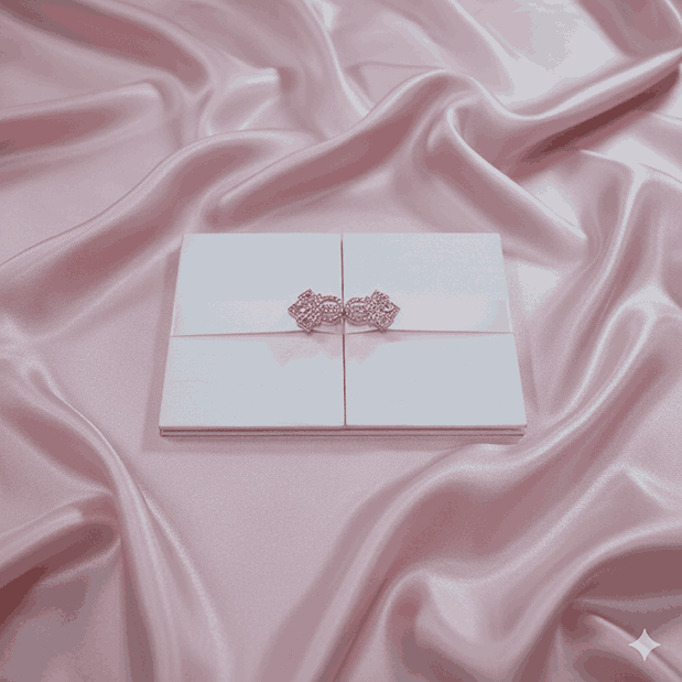 White Silk Wedding Invitation Folio with White Ribbon Sash & Crystal Brooch