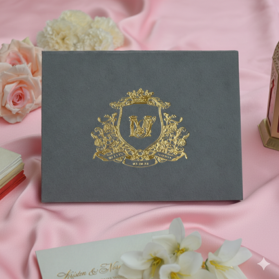 Grey Velvet Wedding Invitation Folio: Custom Foil Monogram