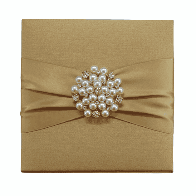 Luxury Gold Silk Wedding Invitation Box with Pearl Brooch