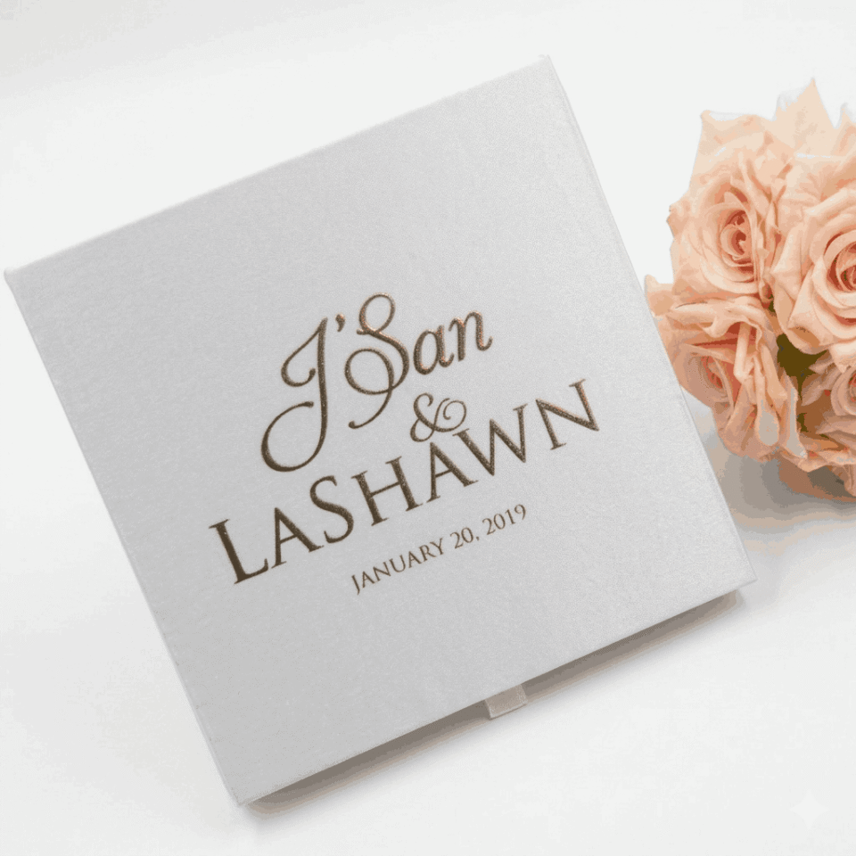 Ivory Silk Wedding Invitation Box With Custom Foil Monogram