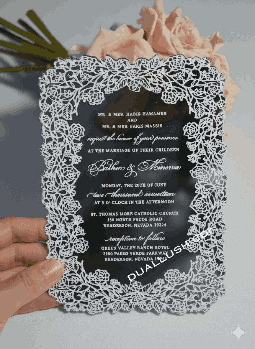 Silver Mirror Acrylic Wedding Invitation with Floral Artwork