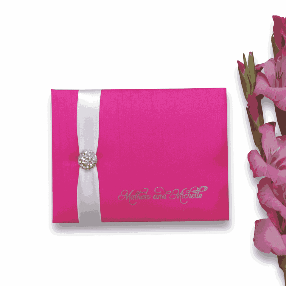 Embellished Hot Pink Silk Wedding Invitation Folio with Custom Monogram