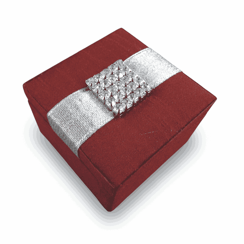 Embellished Maroon Silk Wedding Favor Box with Crystal Rhinestone Brooch