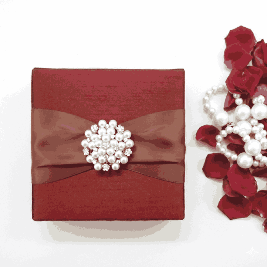 Embellished Maroon Silk Wedding Invitation Box With Pearl Brooch