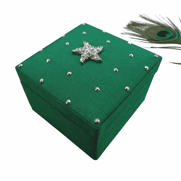 Green Silk Wedding Favor Box with Rhinestones