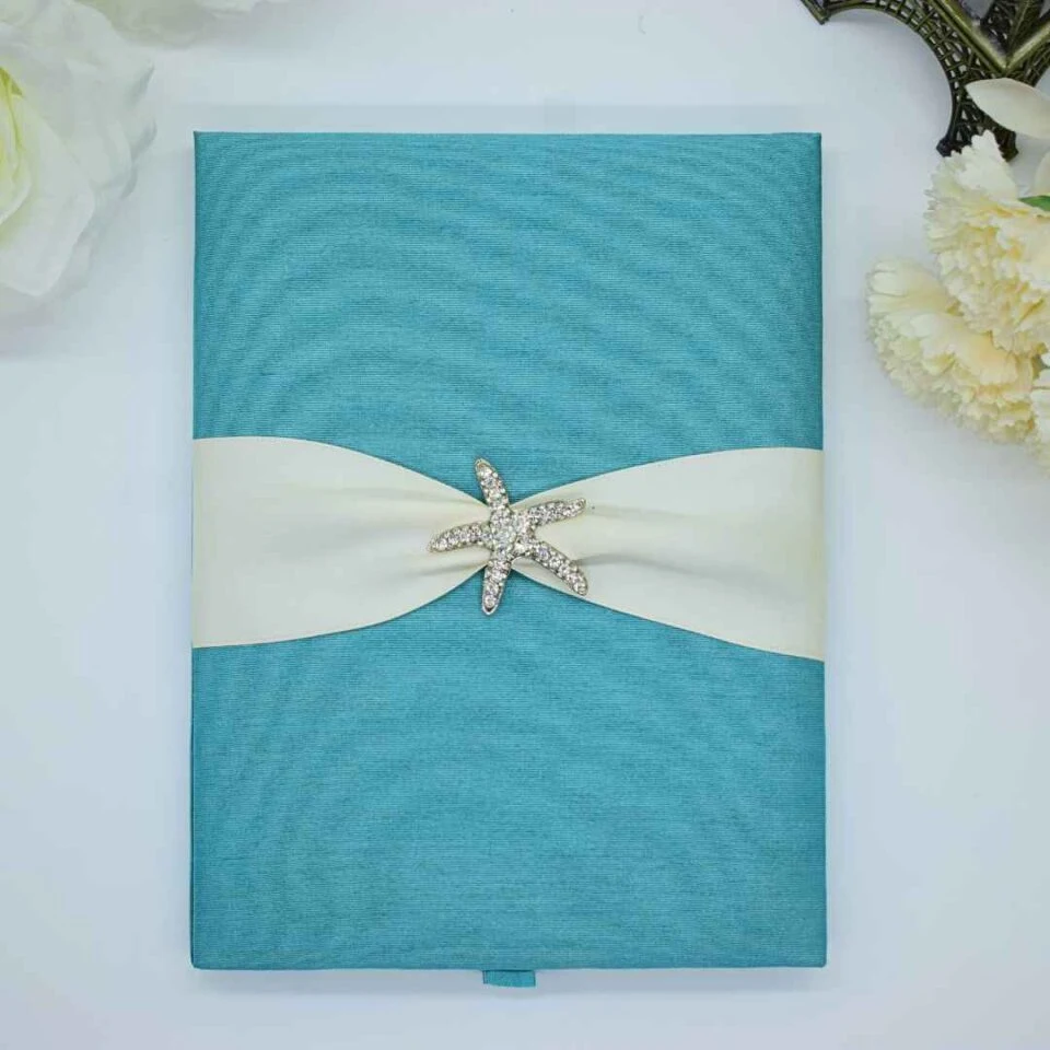 Green Silk Wedding Invitation Box with Starfish Brooch