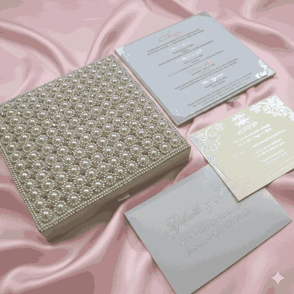 An open, **luxurious ivory wedding invitation box** resting on a backdrop of draped, shimmering **pink satin**. The interior features: * A formal **invitation card** in the base with elegant black and rose-gold typography, detailing various wedding events. * A thin, decorative rose-gold border and small flourishes at the corners of the card. * The **inner lid** contains a horizontal pocket holding a matching ivory insert or RSVP card. * The top edge of the lid reveals a glimpse of the **pearl-encrusted exterior**. * The soft, reflective folds of the pink fabric surrounding the box create a romantic and high-end aesthetic.