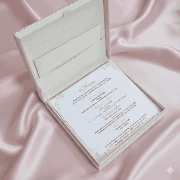 An open, **luxurious ivory wedding invitation box** resting on a backdrop of draped, shimmering **pink satin**. The interior features: * A formal **invitation card** in the base with elegant black and rose-gold typography, detailing various wedding events. * A thin, decorative rose-gold border and small flourishes at the corners of the card. * The **inner lid** contains a horizontal pocket holding a matching ivory insert or RSVP card. * The top edge of the lid reveals a glimpse of the **pearl-encrusted exterior**. * The soft, reflective folds of the pink fabric surrounding the box create a romantic and high-end aesthetic.