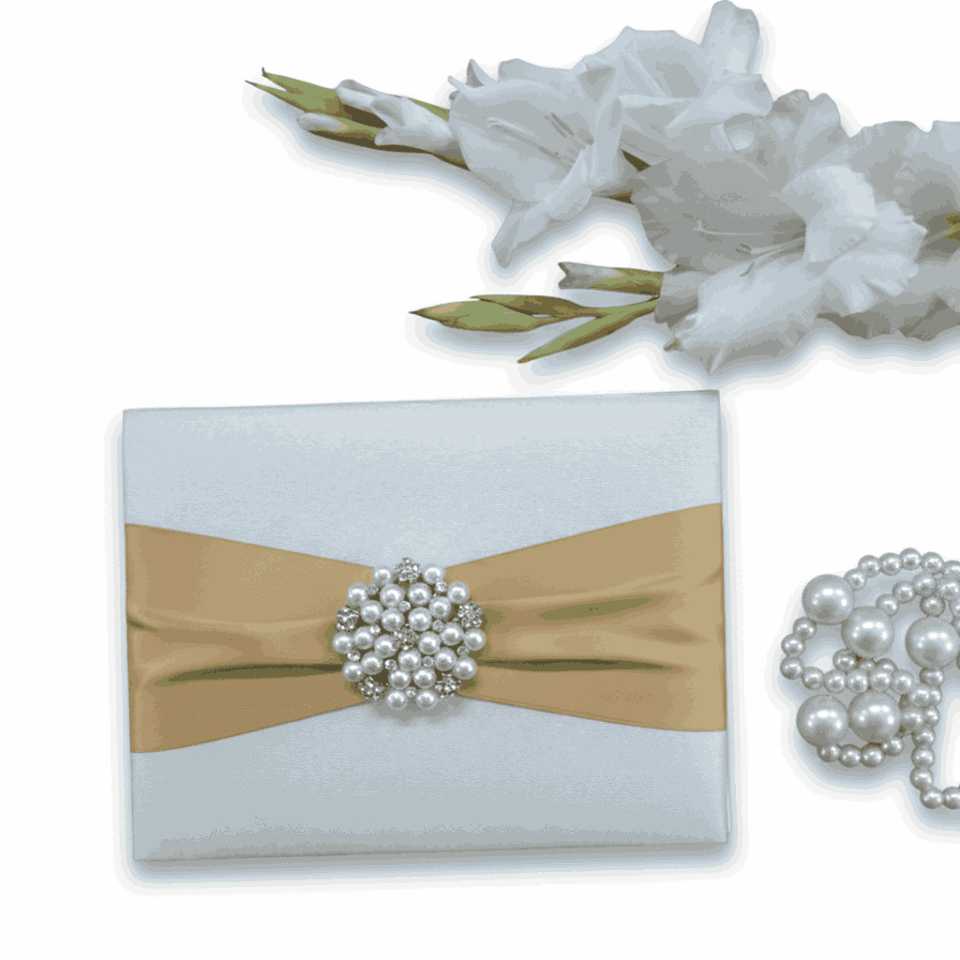 Embellished Ivory Wedding Invitation Folio with Pearl Brooch & Satin Ribbon