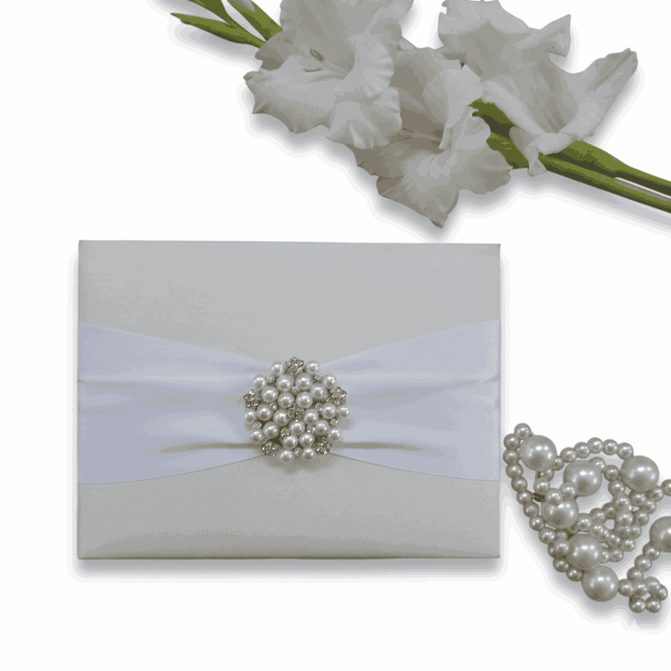 Embellished White Silk Wedding Invitation Folio with Pearl Brooch