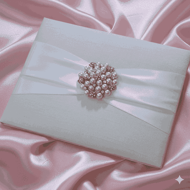Embellished White Silk Wedding Invitation Folio with Pearl Brooch