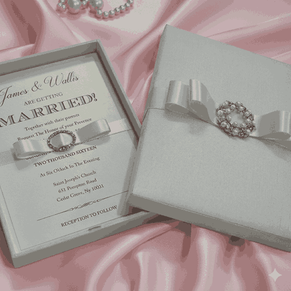 Silk Wedding Invitation Box With Pearl Brooch