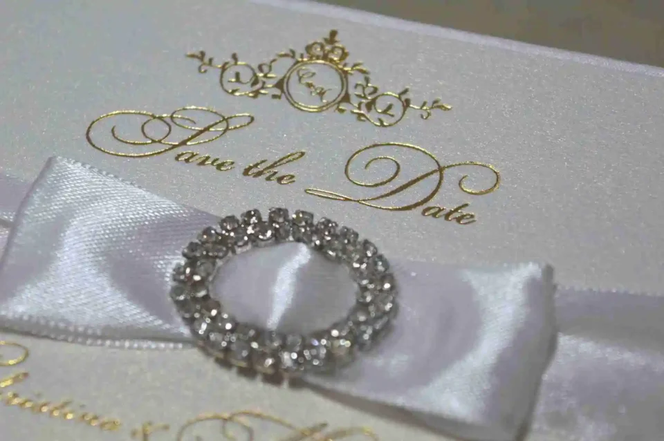 Ivory Silk Save the Date Card with Rhinestone Brooch