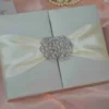 Ivory Silk Trifold Wedding Invitation Folio with Rhinestone Brooch (3)