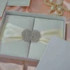 Ivory Silk Trifold Wedding Invitation Folio with Rhinestone Brooch (4)