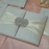 Ivory Silk Trifold Wedding Invitation Folio with Rhinestone Brooch (5)