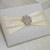 Ivory Silk Wedding Invitation Folio with Rhinestone Brooch (4)