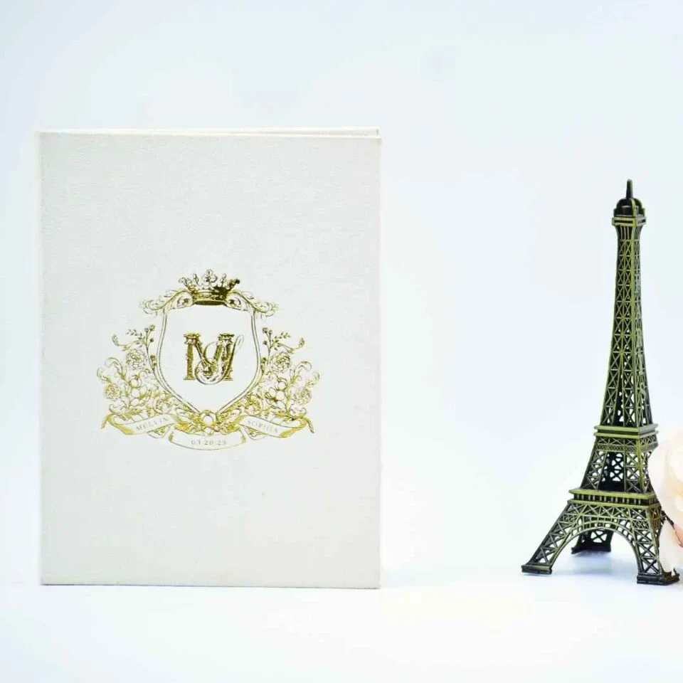 Ivory Velvet Wedding Invitation Folio with Gold Foil Monogram
