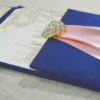 Luxurious Navy Blue Silk Wedding Invitation Folio with Rose Gold Ribbon (1)
