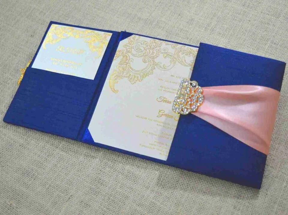 Luxurious Navy Blue Silk Wedding Invitation Folio with Rose Gold Ribbon (2)