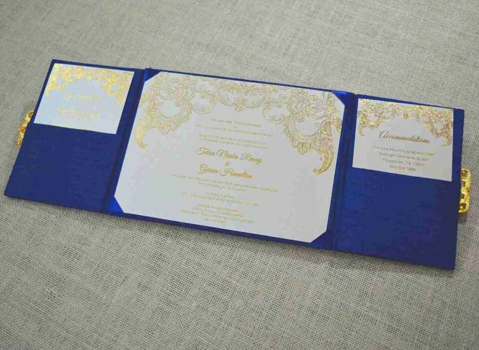 Luxurious Navy Blue Silk Wedding Invitation Folio with Rose Gold Ribbon (3)