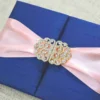 Luxurious Navy Blue Silk Wedding Invitation Folio with Rose Gold Ribbon (4)