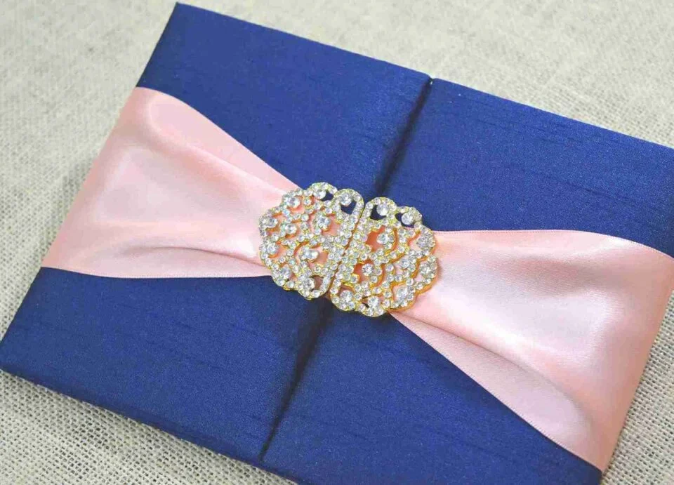 Luxurious Navy Blue Silk Wedding Invitation Folio with Rose Gold Ribbon (4)
