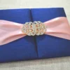 Luxurious Navy Blue Silk Wedding Invitation Folio with Rose Gold Ribbon (5)