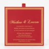 A front-facing, square view of a vibrant red wedding invitation card. The card is framed by a double gold-foil border and features elegant gold-script typography. The names "Mathew & Louren" are prominently displayed at the top, followed by the formal request and event details for a ceremony at Saint Joseph's Church in Cedar Grove. A small red fabric pull-tab is centered at the very top of the card.
