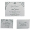 A rectangular, vibrant emerald green silk wedding invitation folio set against a white background. The design features a wide, cream or pale gold satin ribbon running vertically down the left side, cinched at the center by a round, sparkling rhinestone button brooch. In the bottom right corner, the names "Mathew and Michelle" are printed in an elegant, gold-toned cursive script directly onto the silk.