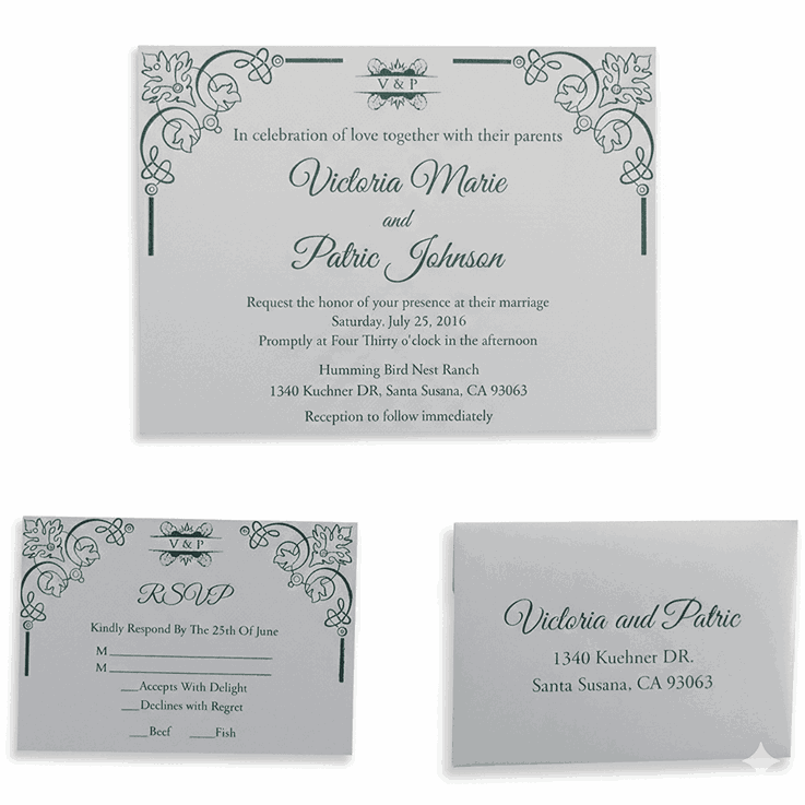 A rectangular, vibrant emerald green silk wedding invitation folio set against a white background. The design features a wide, cream or pale gold satin ribbon running vertically down the left side, cinched at the center by a round, sparkling rhinestone button brooch. In the bottom right corner, the names "Mathew and Michelle" are printed in an elegant, gold-toned cursive script directly onto the silk.