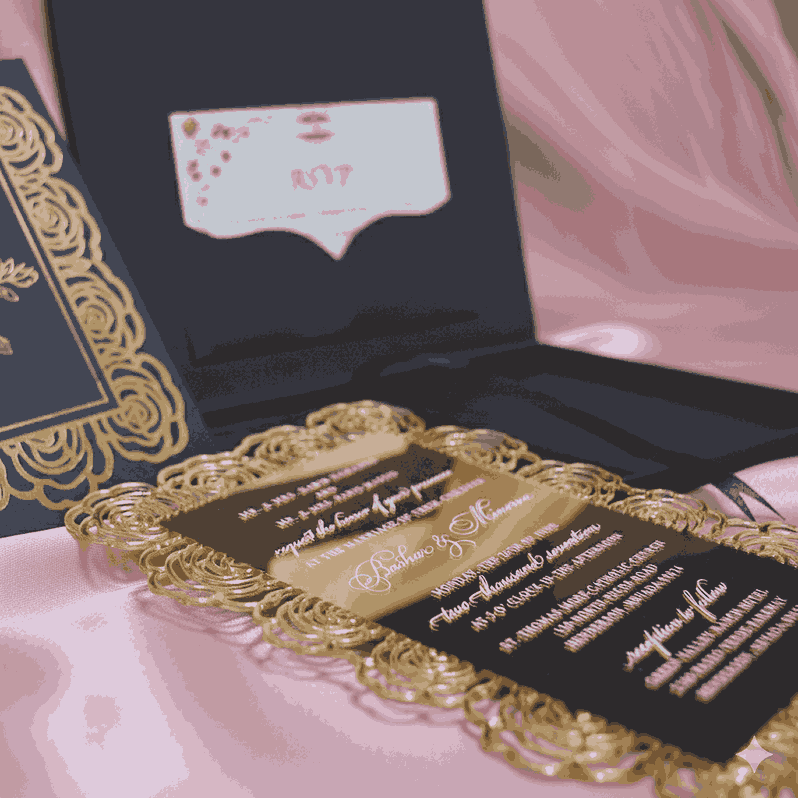 Black Wedding Invitation Box with Gold Mirror Acrylic Invite