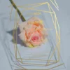 A transparent acrylic wedding invitation resting on a single, soft peach rose . The card is decorated with a bold gold geometric frame consisting of thin, intersecting lines that create a large diamond and angular border. The invitation text is printed in elegant gold foil.