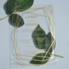 A transparent acrylic wedding invitation resting on a single, soft green leaves. The card is decorated with a bold gold geometric frame consisting of thin, intersecting lines that create a large diamond and angular border. The invitation text is printed in elegant gold foil.