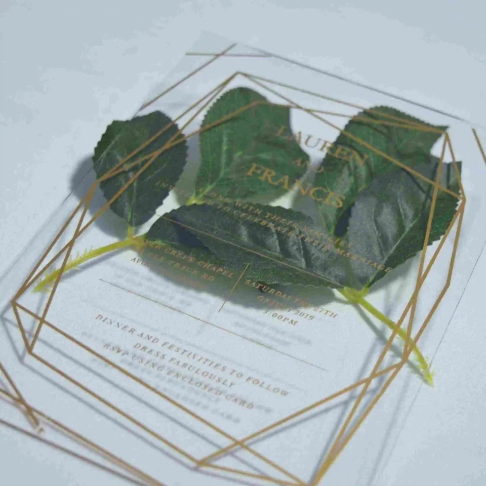 A transparent acrylic wedding invitation resting on a single, soft green leaves. The card is decorated with a bold gold geometric frame consisting of thin, intersecting lines that create a large diamond and angular border. The invitation text is printed in elegant gold foil.